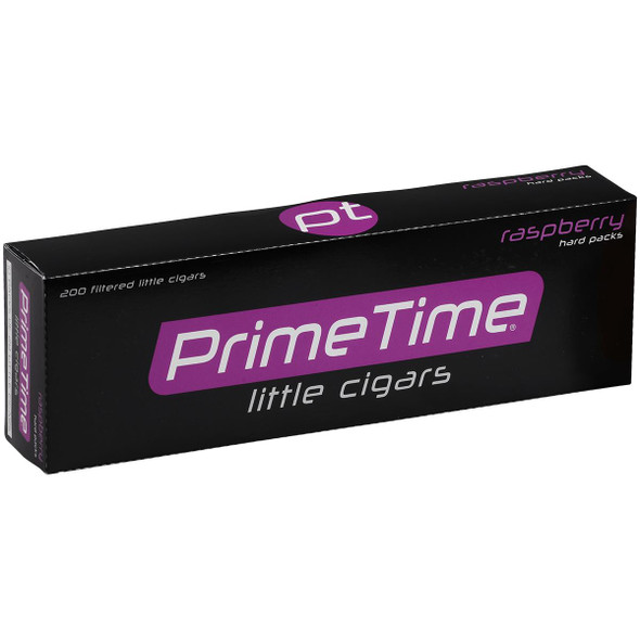 Prime Time Little Cigars Raspberry, black box with purple and white branding, containing 200 filtered little cigars with raspberry flavor.