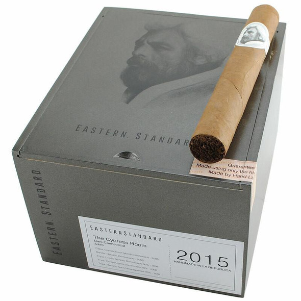 Caldwell Collection - Eastern Standard Cypress Room Cigars 24Ct. Box, grey box featuring an image of a man's profile and a single cigars positioned on top.