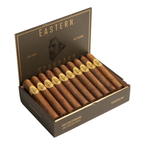 Caldwell Eastern Standard Habano Magnum Cigars 20Ct. Box, open cigar box with 20 cigars arranged in two rows inside, featuring black and gold branding and a graphic of a man's face on the interior lid, premium cigars suitable for enthusiasts.