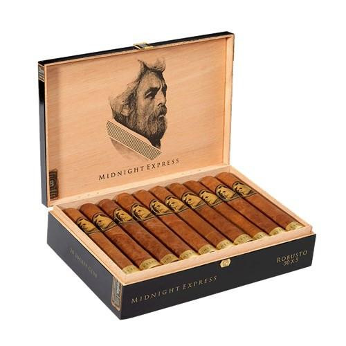 Caldwell Collection - E.S. Midnight Express Robusto Cigars 20Ct. Box, open cigar box with 20 cigars inside, featuring a wooden interior with a face illustration on the lid.
