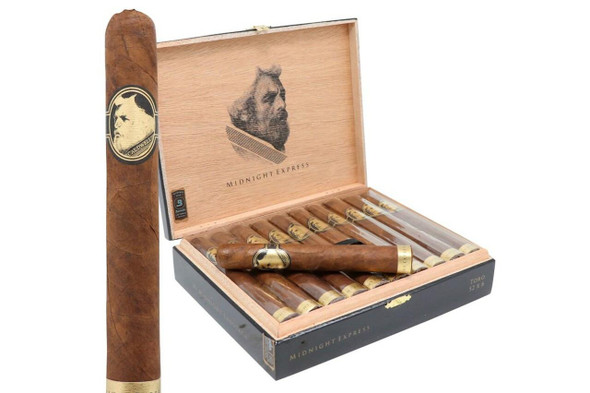Caldwell Collection - E.S. Midnight Express Toro Cigars 20Ct. Box, a wooden cigar box containing 20 cigars with packaging and branding, with one cigar placed outside the box for display.