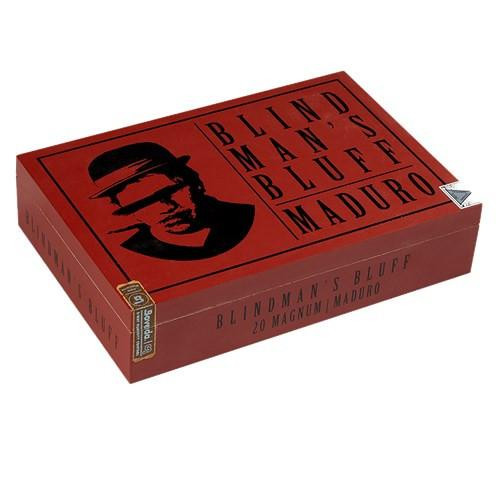 Caldwell Blind Man's Bluff Maduro Gordo Cigars 20Ct. Box, red packaging with black silhouette of a man's face wearing a hat, bold black lettering, and cigar brand details.