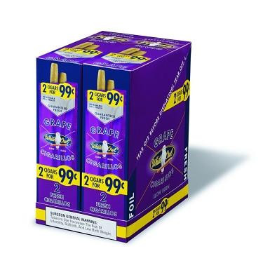 Swedish Match White Owl Cigarillos Grape, a pack of 30 pouches of grape-flavored cigarillos in a purple box with yellow and black accents.