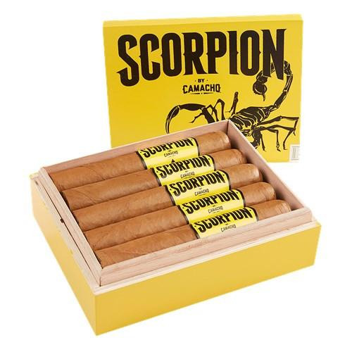 Camacho Scorpion Connecticut Robusto Cigars 10Ct. Box, yellow box with black scorpion illustration and cigars inside with yellow and black bands.