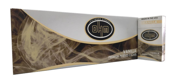 OHM Filtered Cigars Vanilla, box of premium vanilla-flavored filtered cigars with smoky design and branding.