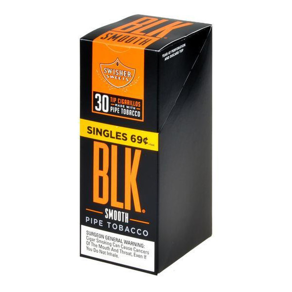 Swisher International Swisher Sweets BLK Tip Cigarillos Smooth Single 30Ct. Box, black and orange packaging with product information and warnings.