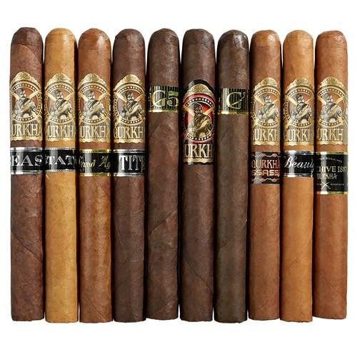 Gurkha 10-Count Churchill Cigars Sampler, a collection of ten premium cigars with varying shades and band designs, displayed in a row.