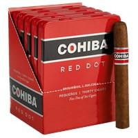 General Cigar Cohiba Red Dot Pequenos Cigars 30Ct. Pack, featuring a row of cigars in red packaging with Cohiba branding and a single cigar displayed beside the pack.