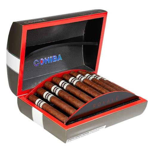 General Cigar Cohiba Royale Toro Royale Cigars 10Ct. Box, open box showcasing ten cigars with brown wrappers and white bands inside a stylish black and red packaging.