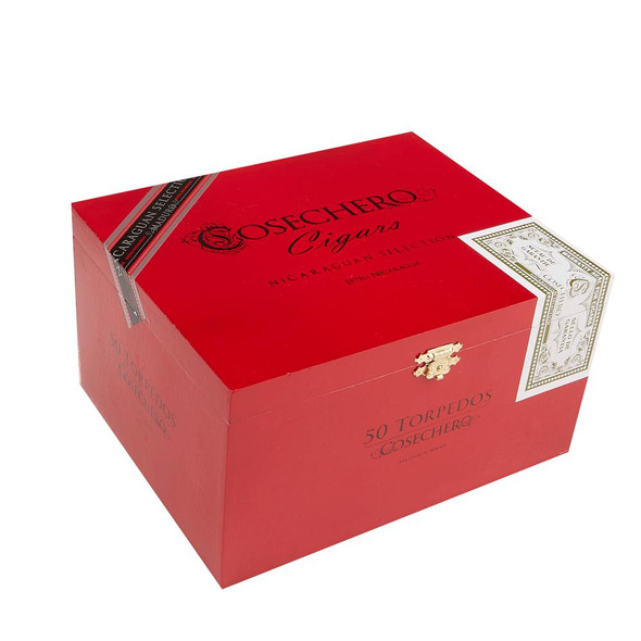 Cosechero Connecticut Torpedo Cigars 50Ct. Box, red cigar box with gold and white accents and decorative label, containing 50 torpedo-shaped cigars from Nicaragua.