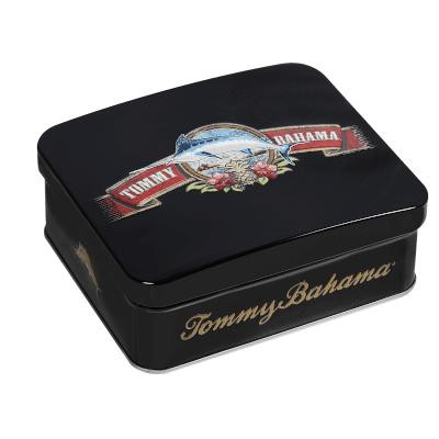 Tommy Bahama Regatta Collection Cigar Cutter, black metal tin box with colorful nautical-themed logo and elegant gold text.