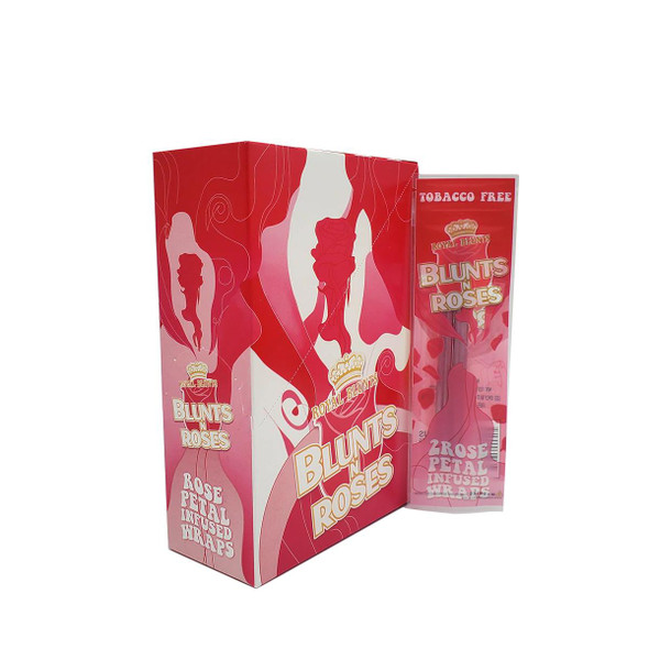 Royal Blunts Blunts N Roses Wraps 25ct, a red and pink box with rose petal designs and an accompanying individually wrapped pack, featuring branding and fragrance information.