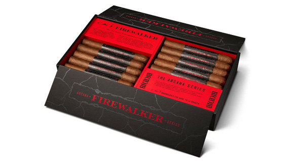 CAO Arcana Firewalker Toro Cigars 20Ct, a box of premium cigars from the Arcana Firewalker series with a black and red packaging design.