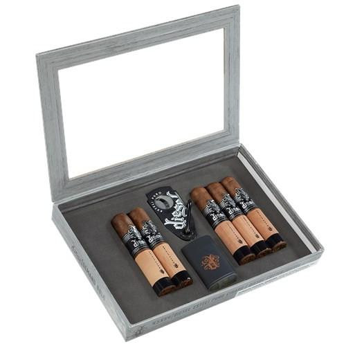 AJ Fernandez Diesel Esteli Puro Cigar Sampler, cigar sampler set with cigars and a lighter in a gray wooden box.