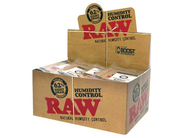 RAW Humidity Control Powered by Integra Boost, a cardboard display box containing multiple humidity control packs for maintaining optimal moisture levels.