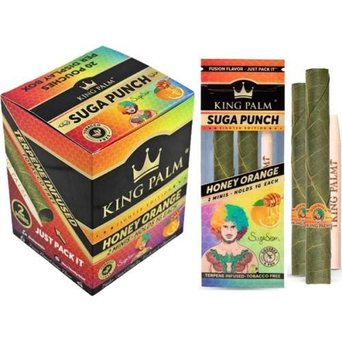 King Palm Wraps King Palm Suga Punch Honey Orange Mini Rolls 20/2Pk, product image showing a box and individual mini rolls of flavored herbal wraps.