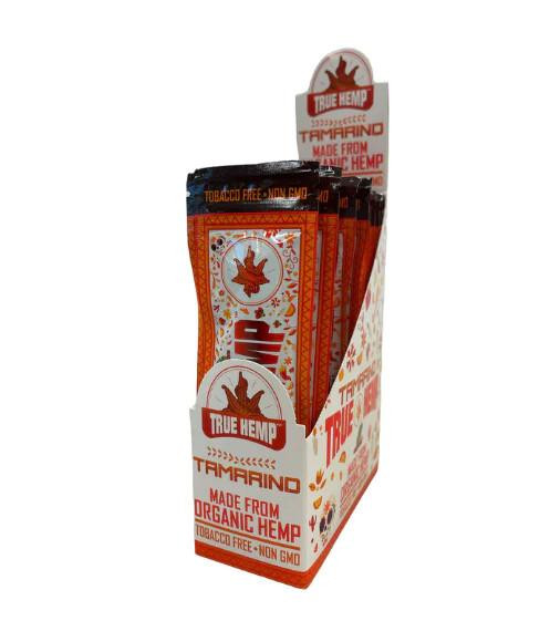 True Hemp Wraps Tamarind 25/2, packaging of organic, non-GMO tamarind flavored hemp wraps in a box display.