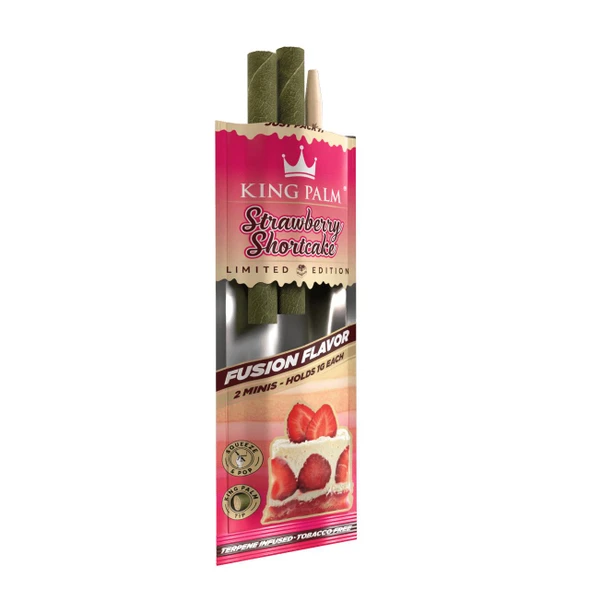 King Palm Strawberry Shortcake Minis Rolls 20/2Pk, package of pre-rolled leaf wraps with strawberry shortcake flavor, mini size, tobacco-free and terpene infused.