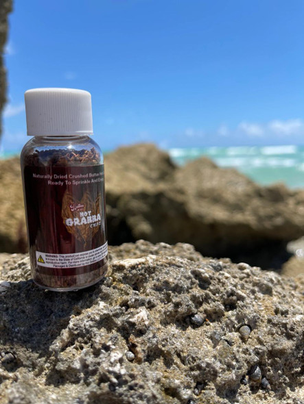 Hot Grabba Chipz, bottle of dried crushed tobacco product placed on a rocky surface with a beach and ocean in the background under a blue sky.