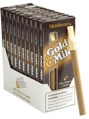 John Middleton Middleton Gold & Mild Cigars Original Pack, a box of tobacco cigars with multiple packs displayed, featuring gold and black packaging.