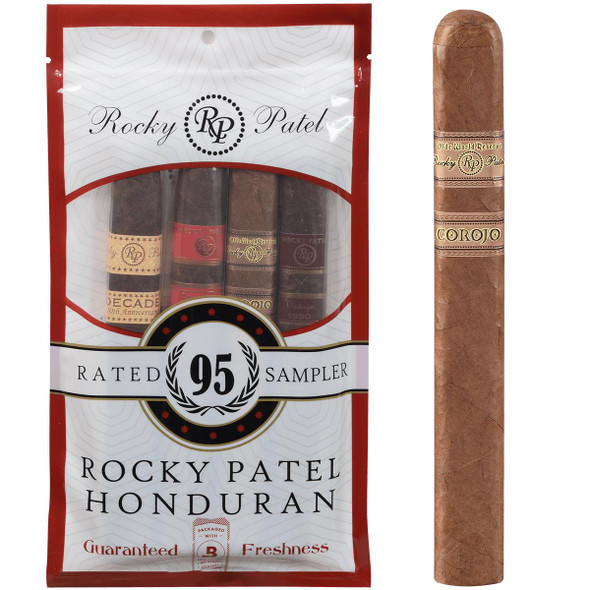 Rocky Patel Honduran Toro Cigar Sampler 4 Fresh Pack, a package of four cigars with labeling and one unwrapped cigar for tasting.