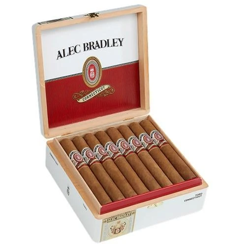 Alec Bradley Connecticut Toro Cigars 24Ct. Box, open wooden cigar box showing 24 cigars with branded bands inside a white container.