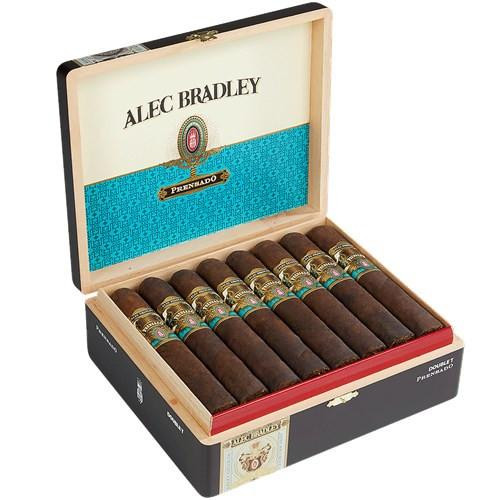 Alec Bradley Prensado Double T Cigars 24 Ct. Box, open wooden cigar box containing 24 high-quality cigars neatly arranged with colorful bands.