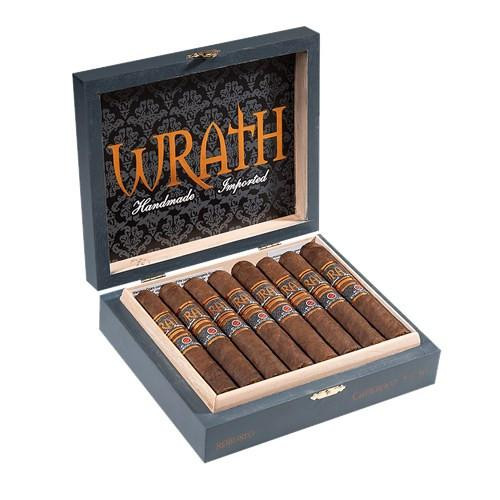 Wrath Cameroon by Oliva Cigars, open wooden box containing eight cigars with decorative bands.