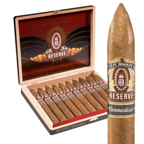 Alec Bradley Reserve Connecticut Torpedo Cigars 10Ct. Box, featuring a wooden cigar box with ten cigars inside and a single cigar positioned outside with a branded label.