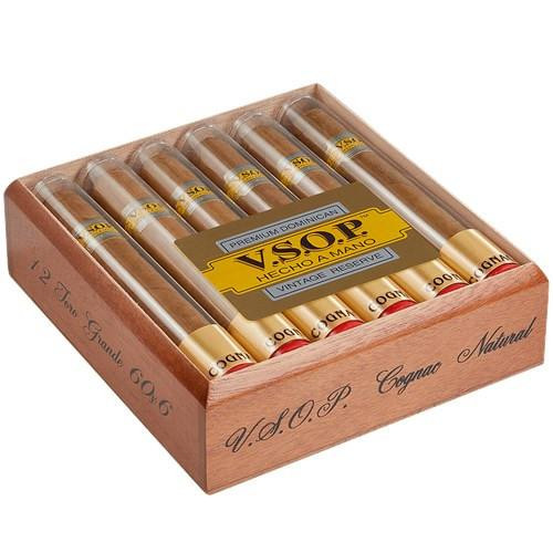 V.S.O.P Cognac Natural Cigars, a box of premium cigarillos with a transparent plastic cover showing their golden and brown tones inside.