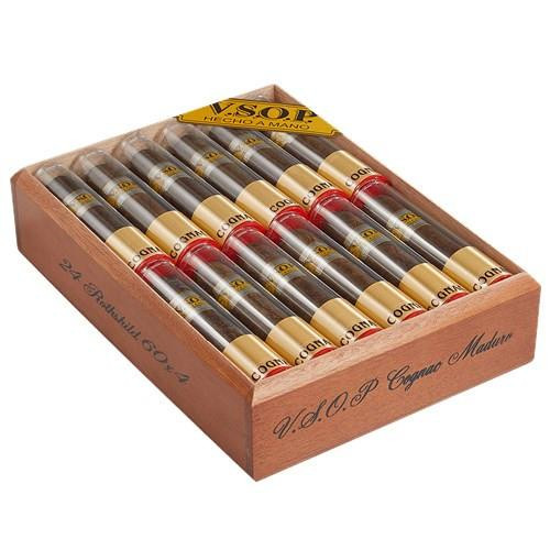 VSOP Cognac Maduro Cigars, sealed premium cigars in a wooden box with branding and labels.