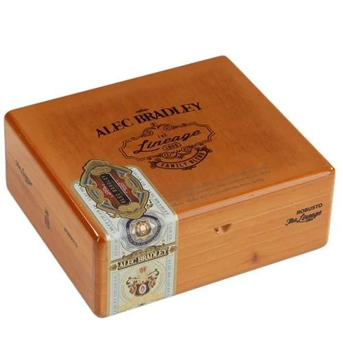 Alec Bradley The Lineage Robusto Cigars 24Ct. Box, a wooden cigar box featuring the Alec Bradley logo and vintage-style cigar band designs.