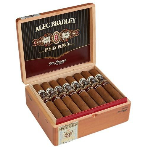 Alec Bradley The Lineage Gordo Cigars 24Ct. Box, opened wooden cigar box with 24 cigars neatly arranged inside, featuring branded bands.