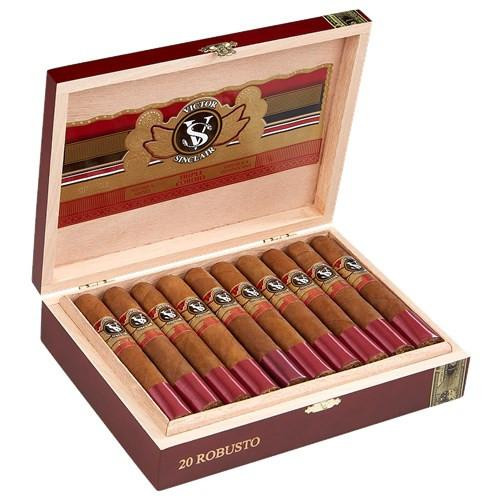 Victor Sinclair Triple Corojo Cigars, a wooden box containing 20 robust cigars with red caps and branded bands, opened to display the cigars inside.