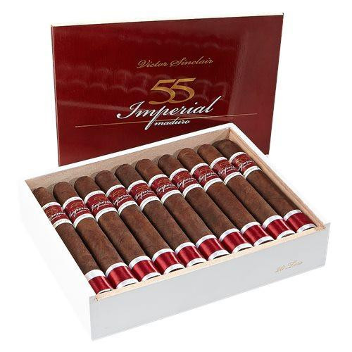 Victor Sinclair Serie '55' Imperial Maduro Cigars, a box of 15 premium cigars with dark Maduro wrappers inside a white box with a red lid.