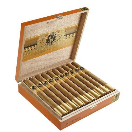Victor Sinclair Primeros Cigars, image of a wooden box containing ten cigars with gold and brown bands, open to display the cigars inside.
