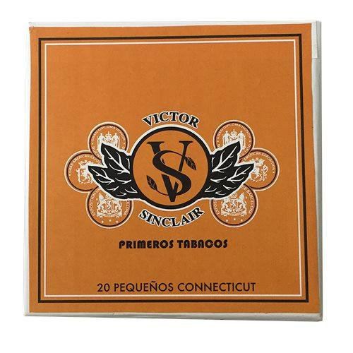 Victor Sinclair Primeros Cigars, orange box featuring the brand logo with a black and gold design and the text 'Primeros Tabacos' and '20 Pequeños Connecticut'.