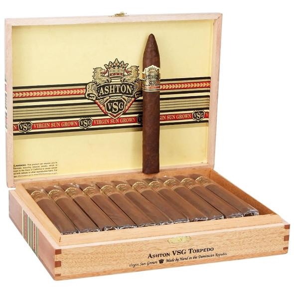Ashton Cigars Ashton VSG Cigars Torpedo 24Ct. Box, open wooden cigar box displaying wrapped cigars with one torpedo cigar standing upright inside.