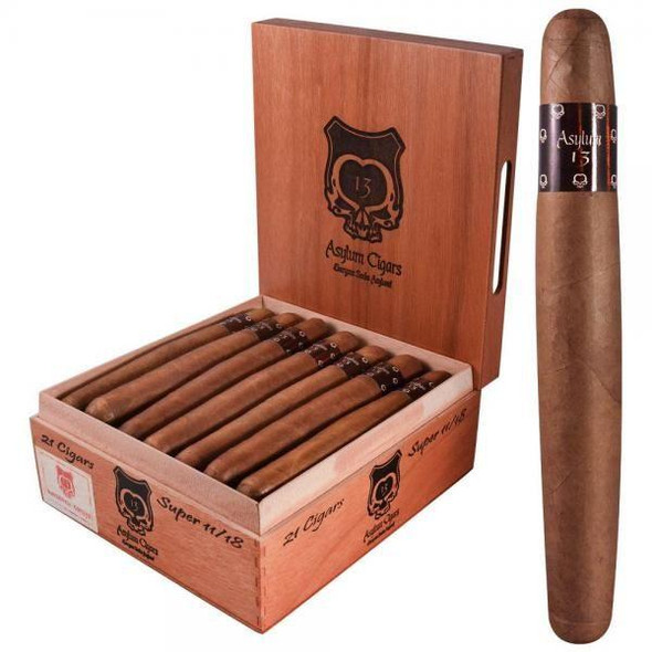 Asylum 13 Super 11/18 Cigars 21 Ct. Box, wooden cigar storage box containing 21 cigars with one cigar shown outside the box, featuring the Asylum 13 logo and packaging.