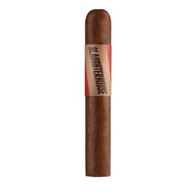 Slaughterhouse Robusto Maduro Cigars 10 Ct. Bundle, close-up image showing a single cigar with a band labeled 'Slaughterhouse' in red and tan colors.