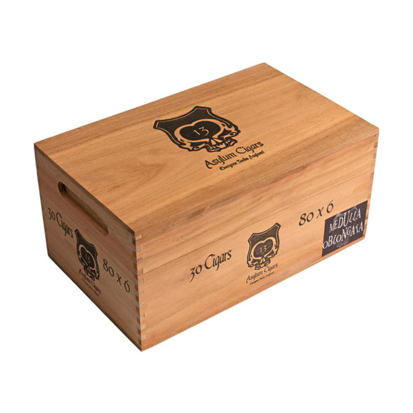 Asylum 13 Medulla Oblongata 680 Cigars 30Ct. Box, wooden cigar box with logo and product details printed on it.