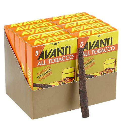 Avanti Cordial Cigarillos 10/5 Packs, a box of flavored cigarillos with one cigarillo in front showing its dark brown, textured wrapper.