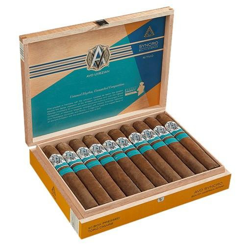 AVO Syncro Ritmo Toro Cigar 20 Ct. Box, open wooden cigar box displaying twenty cigars with branded blue and white bands, inside a rustic wooden case with a colorful interior lid