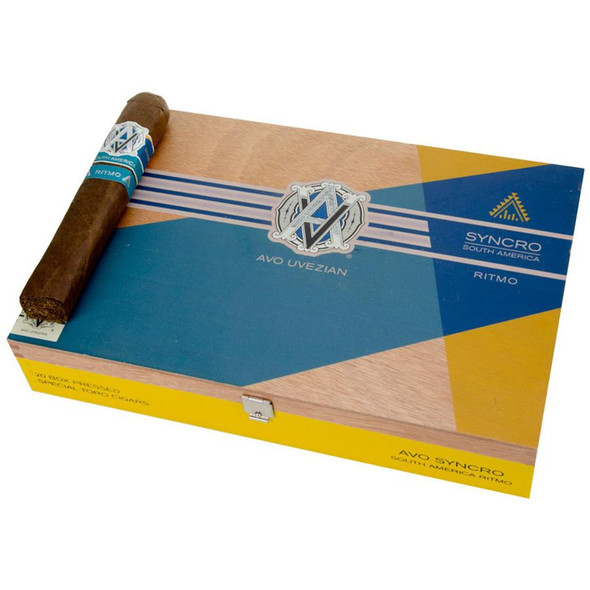 AVO Syncro Ritmo Special Toro Cigars 20Ct. Box, with one cigar placed on top, featuring a sleek brown wrapper and a blue and white band.