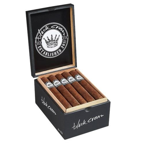 Black Crown Toro Cigars 20Ct. Box, open black and wood cigar box containing twenty cigars with silver and black bands.