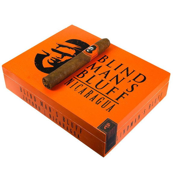 Caldwell Blind Man's Bluff Nicaragua Toro Cigars 20Ct. Box, an opened orange box with black text and logo, featuring a cigar placed on top.