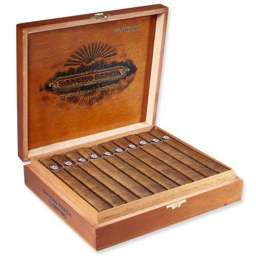 Sancho Panza Cigars, a wooden cigar humidor box filled with evenly arranged cigars.
