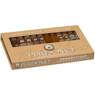 Perdomo Connoisseur Collection Connecticut Cigars 12ct Box, a neatly arranged box of premium cigars with a transparent window showing the cigars inside.