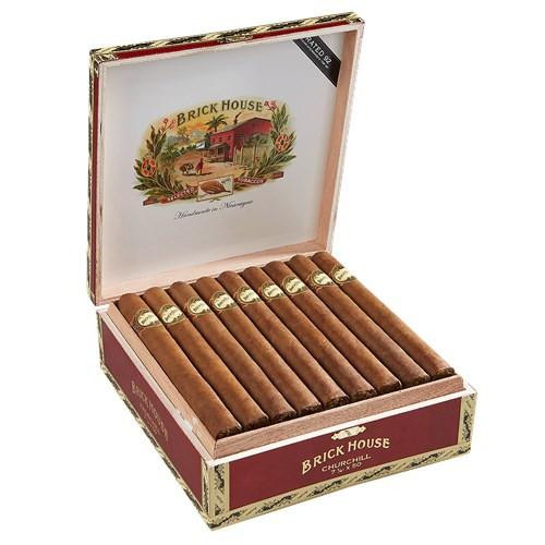 Brick House Churchill Cigars 25Ct. Box, open box displaying a row of 25 cigars with a brown wrapper inside a decorative packaging.