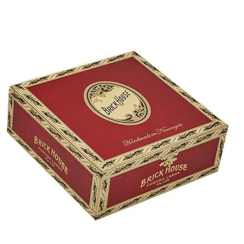 Brick House Corona Larga Cigars 25Ct. Box, red and gold decorative cigar box with ornate borders and the Brick House logo in the center.